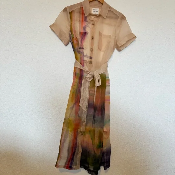 Anthropologie Aimee Clark Organza Shirt Dress Water Color Inspired Accent Small - Picture 2 of 13